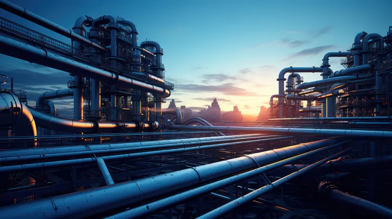 Нефтехимический завод с металлическими трубами, резервуарами и дымящими трубами