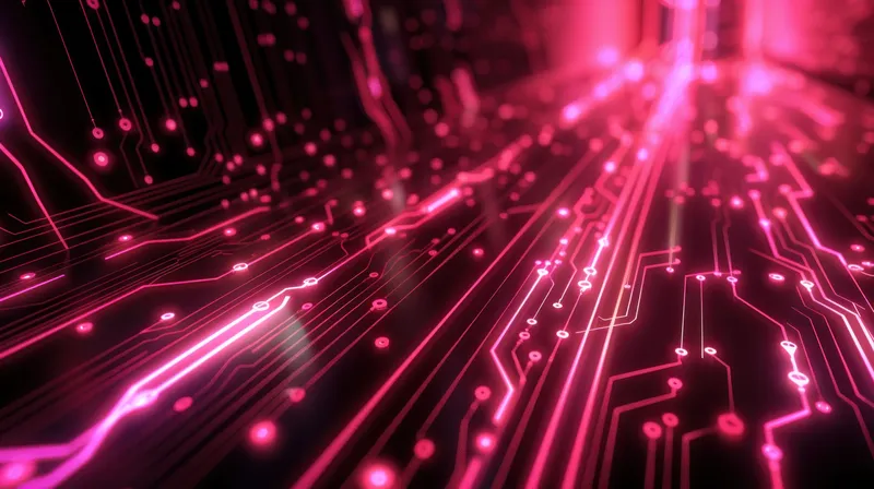 Яркие розовые линии цепей на темном фоне, намекающие на технологии и инновации с ощущением движения и энергии