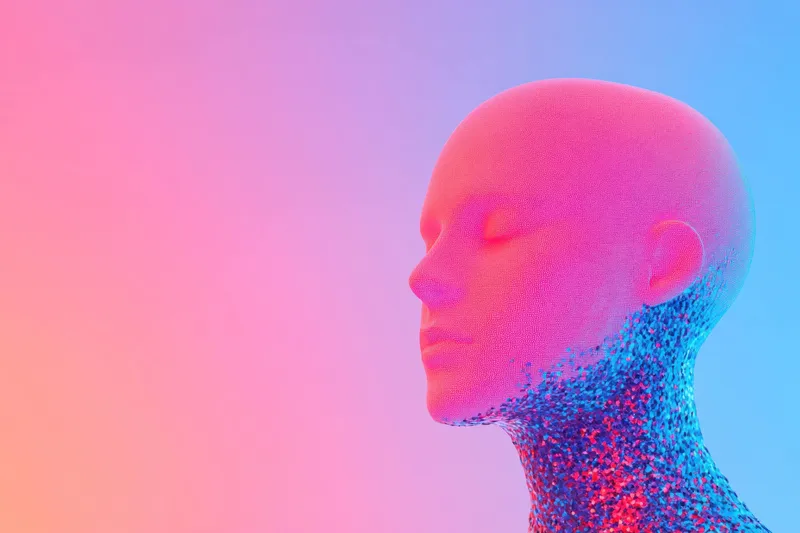 Этот футуристический 3D-персонаж с гладкой лысой головой излучает умиротворенные эмоции на фоне захватывающего розово-голубого градиента