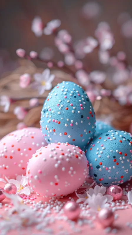 Весенние пасхальные яйца с цветами сакуры на розовом фоне