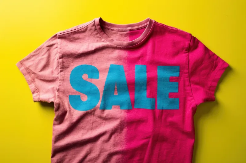 Стильная розово-синяя футболка с табличкой «Sale» на желтом фоне для темы моды и распродажи