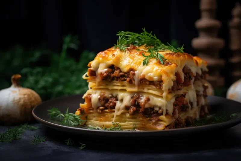 Домашняя итальянская овощная лазанья, приготовленная с соусом, кухня, мясо, ужин, говядина, порция, базилик, ланч, болоньезе, еда, томатная тарелка, блюдо, запеченный сыр, паста