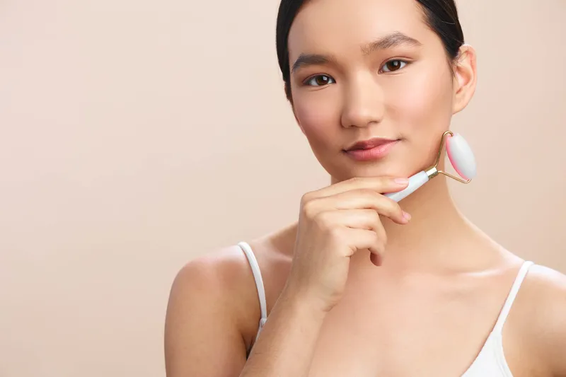 asian woman uses a facial roller in a calm skincare session; she smiles softly, creating a serene beauty routine that emphasizes self care, relaxation, and a healthy glowing complexion.