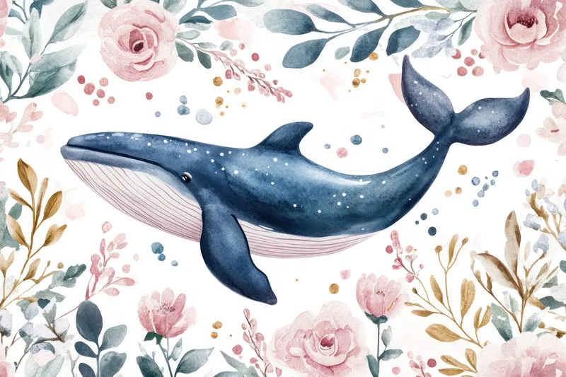 Потрясающая акварельная работа с изображением кита на фоне нежных цветов