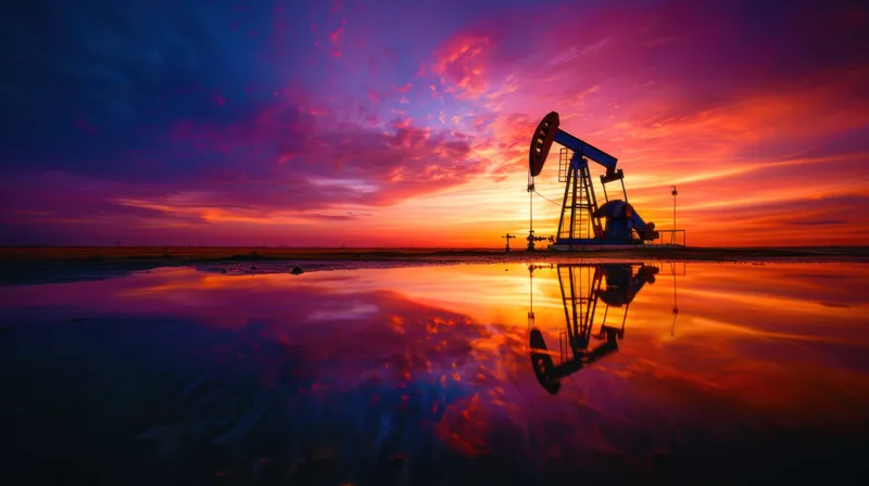 Нефтяная качалка стоит на фоне потрясающего заката, с красочными облаками в небе и отражениями на мокрой земле, создавая драматичный пейзаж