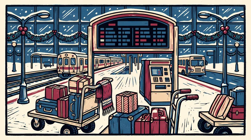 Транспортный узел в праздничный сезон, выполненный в стиле ручной резьбы по линолеуму: тележки для багажа, билетный киоск, табло маршрутов, железнодорожная платформа и зимние дорожные детали для…