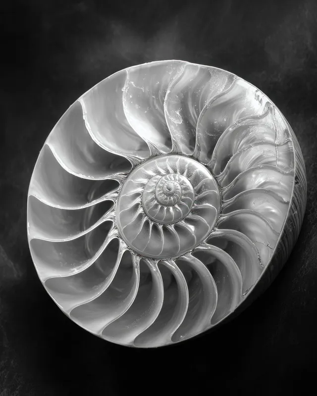 Черно-белая фотография красиво детализированной спиральной раковины с замысловатой текстурой и узорами