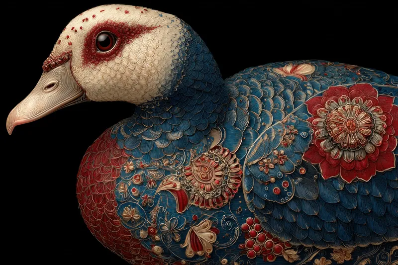 Художественная композиция передаёт роскошь и мастерство, сочетая естественную форму птицы с декоративными текстильными мотивами, создавая драматическое, элегантное настроение, подходящее для…