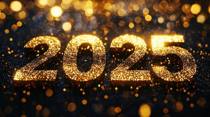 Мерцающие цифры 2025, освещенные золотыми искрами на темном фоне, олицетворяющие радость и волнение в преддверии новогодних праздников и мероприятий