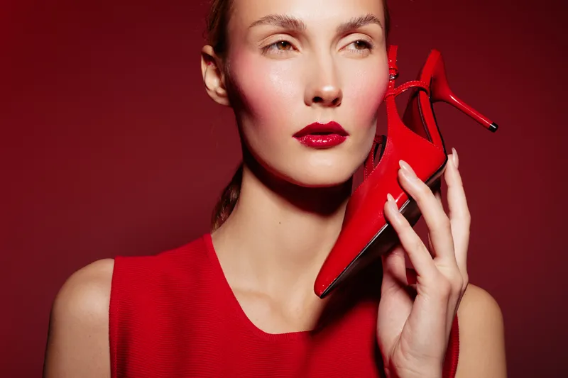 Close-up of a woman in red dress holding a red high heel shoe near her face on red background. Concept of fashion, style, beauty, and elegance with vibrant color contrast.