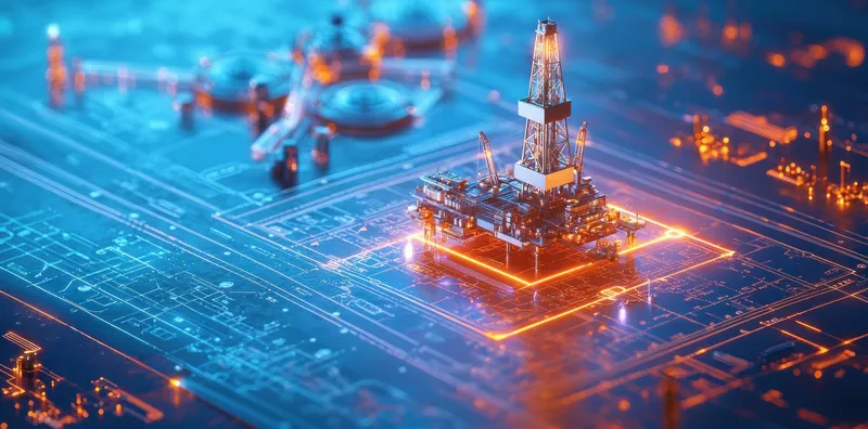 Футуристическая нефтяная буровая платформа, интегрированная в цифровую печатную плату, представляющая пересечение технологий, инноваций и энергетической отрасли в яркой синей цветовой гамме