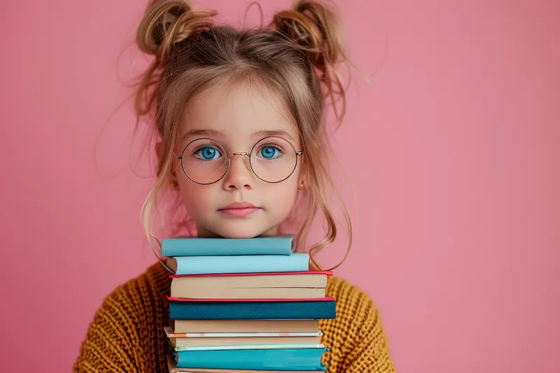 Юная девушка в очках держит стопку книг на розовом фоне