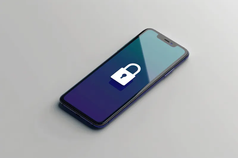 Вид сверху на смартфон со значком замка на экране на минималистичном сером градиентном фоне, представляющий концепции цифровой безопасности и конфиденциальности