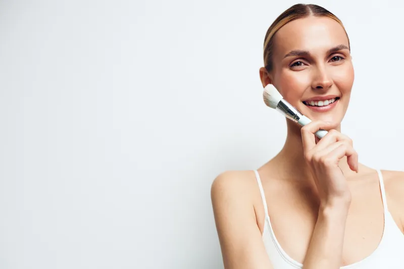 Young woman applying makeup with a brush, smiling softly in a bright studio, wearing a white tank top, soft lighting and a clean background, natural look, skin glowing, calm mood, candid beauty moment