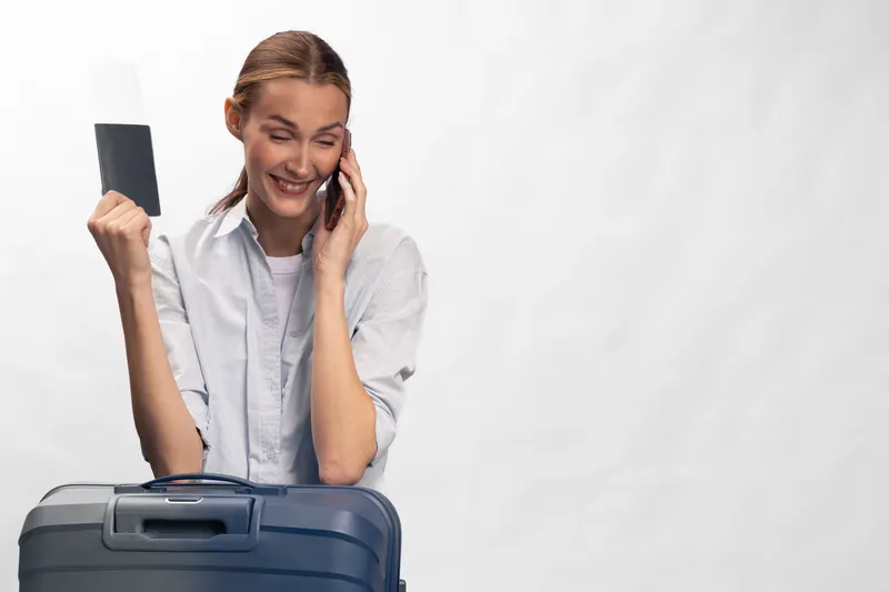 Smiling woman holding passport and boarding pass talks on smartphone near suitcase on white background. Concept for travel, holiday, trip planning, vacation preparation and tourism.