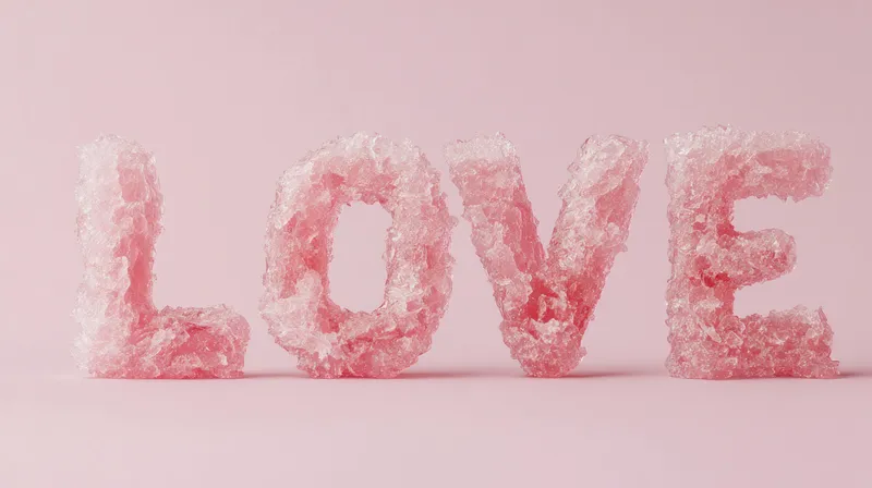 Крупный план розовых кристаллических букв, образующих слово LOVE, на нежном пастельно-розовом фоне