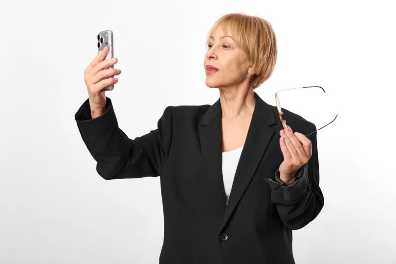 Business woman with smartphone and glasses shows stress, distraction and multitasking on white background, digital technology concept for work overload modern office