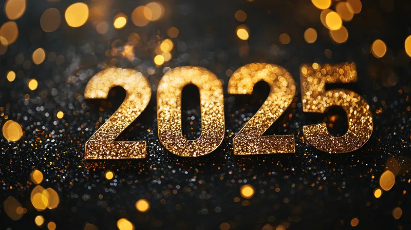 Сверкающая золотая надпись 2025 в окружении праздничной атмосферы мерцающих боке-огоньков на темном фоне, символизирующая надежду и новые начинания