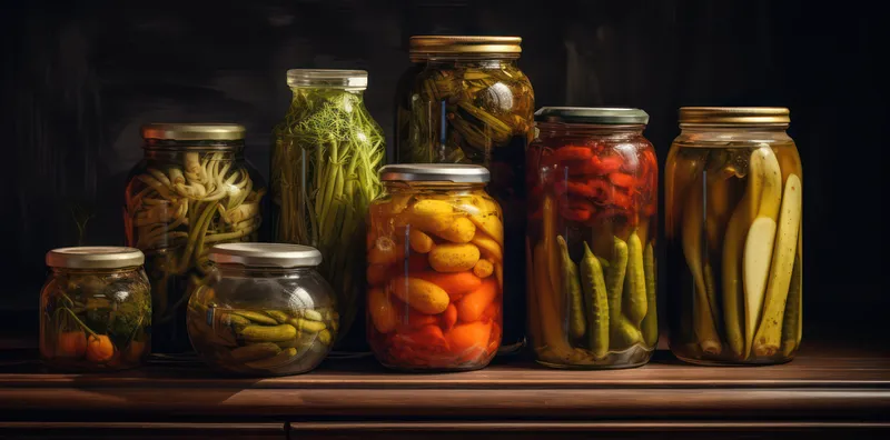Маринованные овощи в стеклянной банке: огурцы, перец, чеснок, уксус, домашнее консервирование