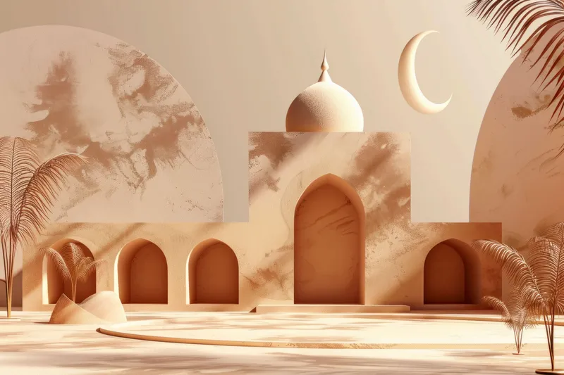 Красивая 3D-визуализация арабской мечети, окруженной пальмами под полумесяцем, создающая мирную и безмятежную атмосферу