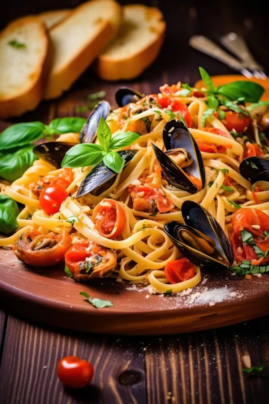 Морепродукты, ужин, итальянская тарелка, кухня, блюдо, гурман, средиземноморская, паста, ресторан, вкусный, помидор, фон, еда, обед, приготовленная еда, соус, спагетти, мидии, здоровый, вкусный