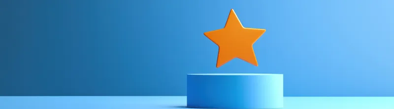 Яркая оранжевая звезда с буквой D на синем пьедестале, символизирующая успех, достижение и мотивацию в чистом минималистичном стиле