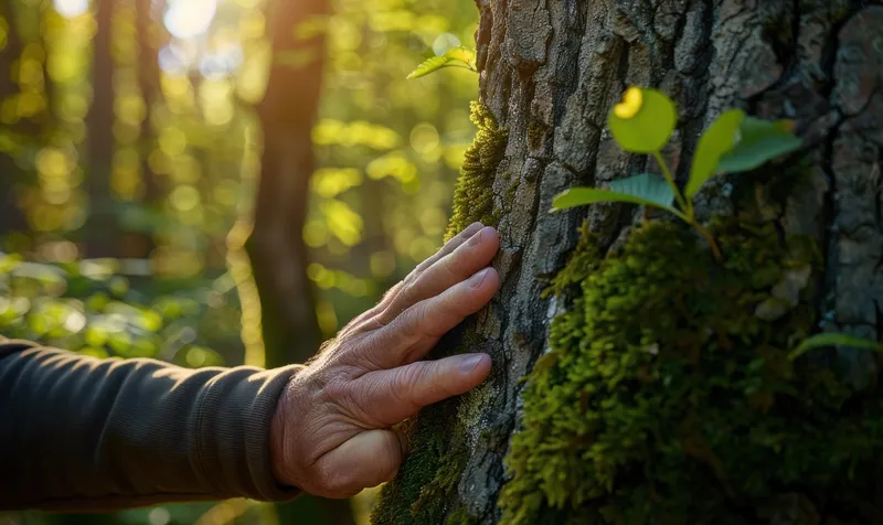 Крупный план руки, которая мягко лежит на покрытой мхом коре дерева, в окружении яркой зелени, сквозь деревья пробивается мягкий солнечный свет