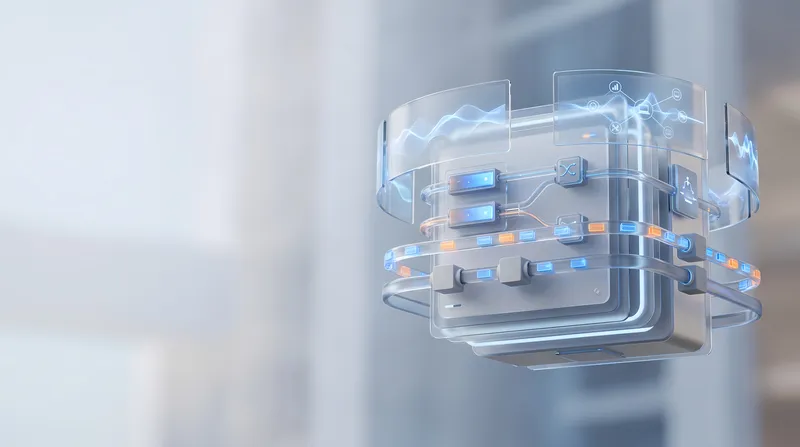 Реалистичная 3D-технологическая сцена, показывающая модули безопасного обмена сообщениями и связи устройств с открытым свободным пространством