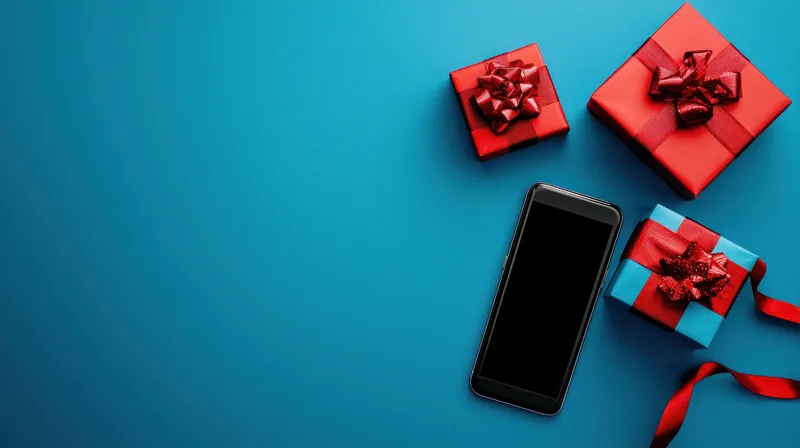 Яркая flat lay композиция с смартфоном и красочными рождественскими подарками в красной и синей упаковке