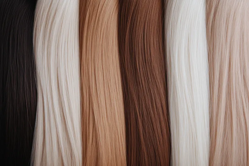 На этом фото представлен набор накладных волос различных оттенков, включая черный, коричневый, блонд и рыжий