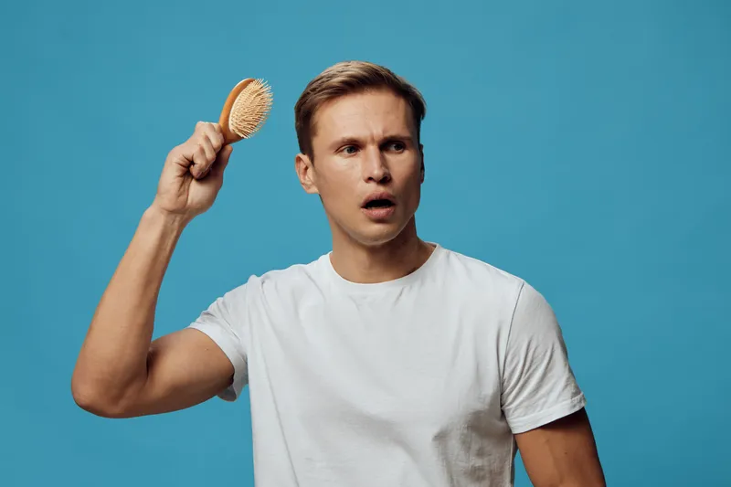 surprised caucasian man white t-shirt hold hairbrush look worried confused mental health concept worried man mental health gadget