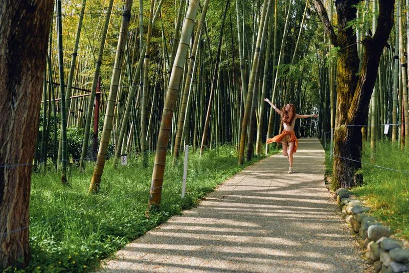 Bamboo path with a woman dancing barefoot in a sunlit forest, trees and green undergrowth flank the gravel trail creating a serene nature scene of playful joyful movement.