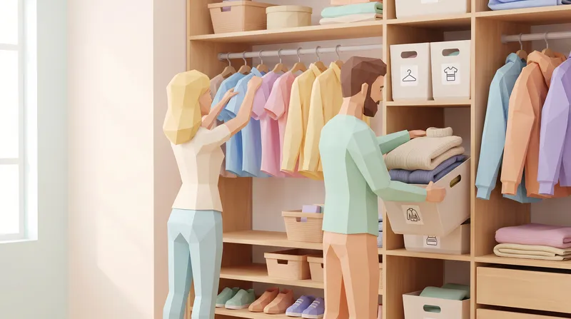 Сцена в стиле low-poly: два человека организуют вешалки, сложенную одежду, корзины и полки в гардеробной