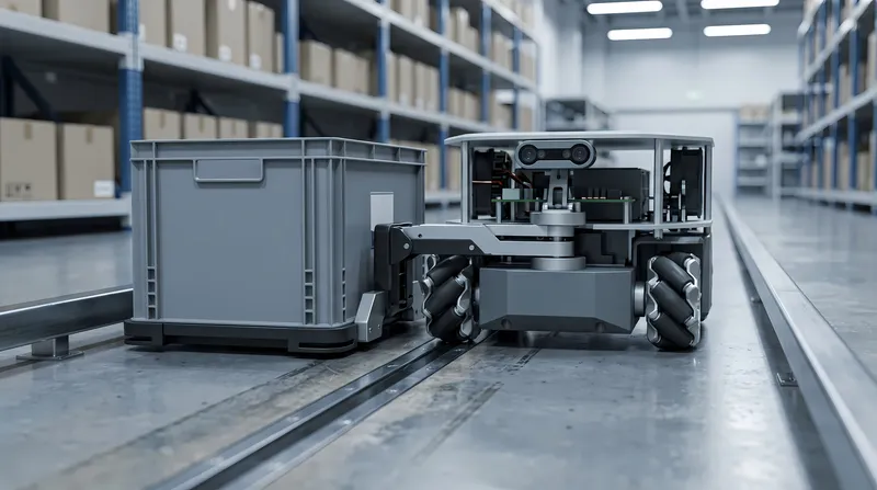 Реалистичная 3D-сцена автоматизации склада крупным планом: робот направляет инвентарную платформу рядом со стеллажами