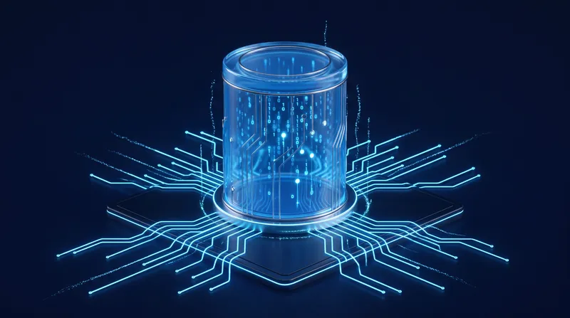 Прозрачный синий цилиндр данных на темной технологической платформе с линиями схем и неоновым свечением в чистом 3D-стиле