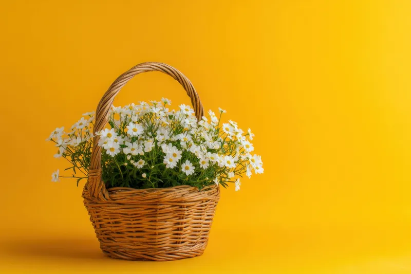 Плетёная корзина, наполненная свежими белыми ромашками, на ярком жёлтом фоне
