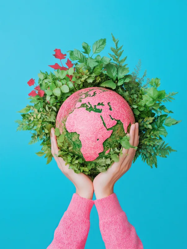 Пара рук нежно держит розовый глобус, украшенный зеленью, что символизирует охрану природы и экологическую осознанность, на фоне ярко-голубого неба