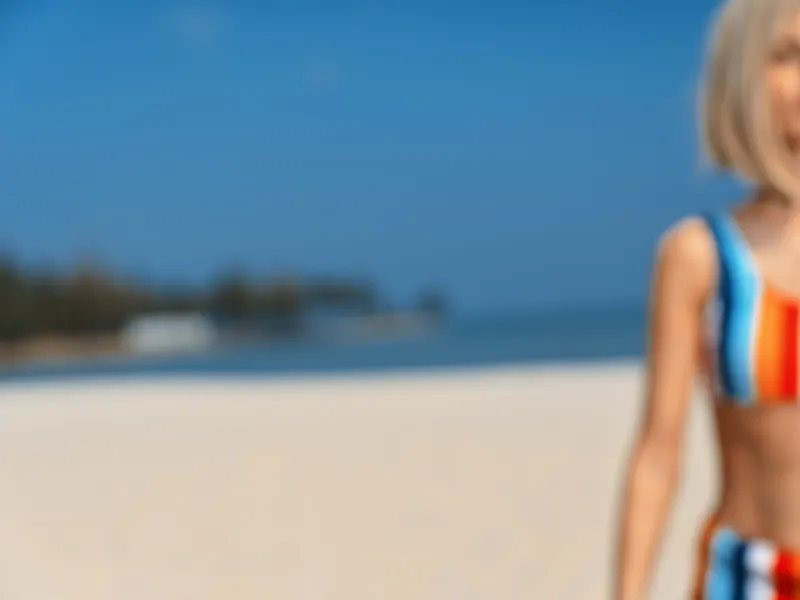Blonde woman in colorful swimsuit standing on sandy beach with blue sky, summer vacation, vibrant and relaxed mood