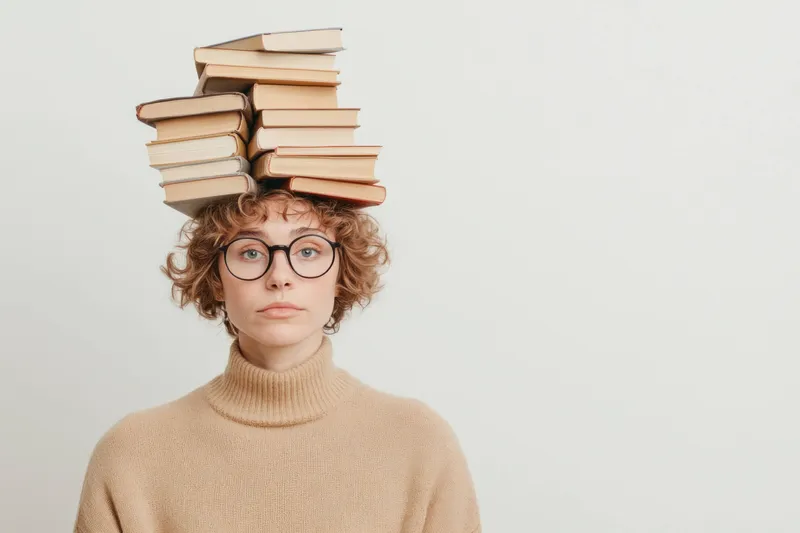 Молодая женщина с вьющимися волосами и в очках балансирует книгами на голове, демонстрируя игривую, но интеллектуальную концепцию