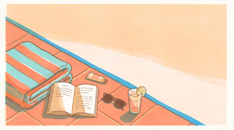 Ризография в три цвета: полотенце у бассейна, книга, солнцезащитный крем, солнцезащитные очки и напиток с обильным свободным пространством для летних кампаний и сезонных акций