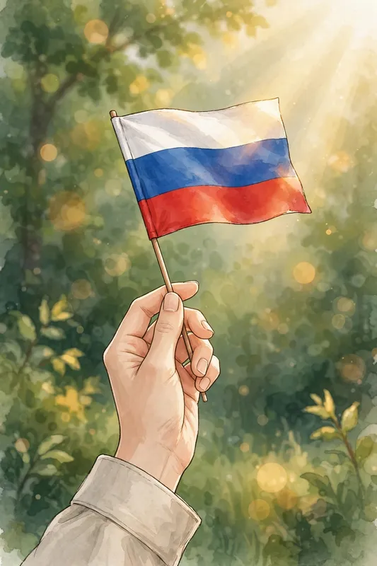 Иллюстрация с рукой, держащей флаг России на фоне зелени
