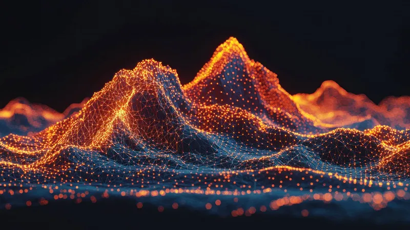 Потрясающее абстрактное 3D-изображение светящихся гор с привлекательным сочетанием оранжевых и синих тонов, идеально подходящее для тем технологий и цифрового искусства