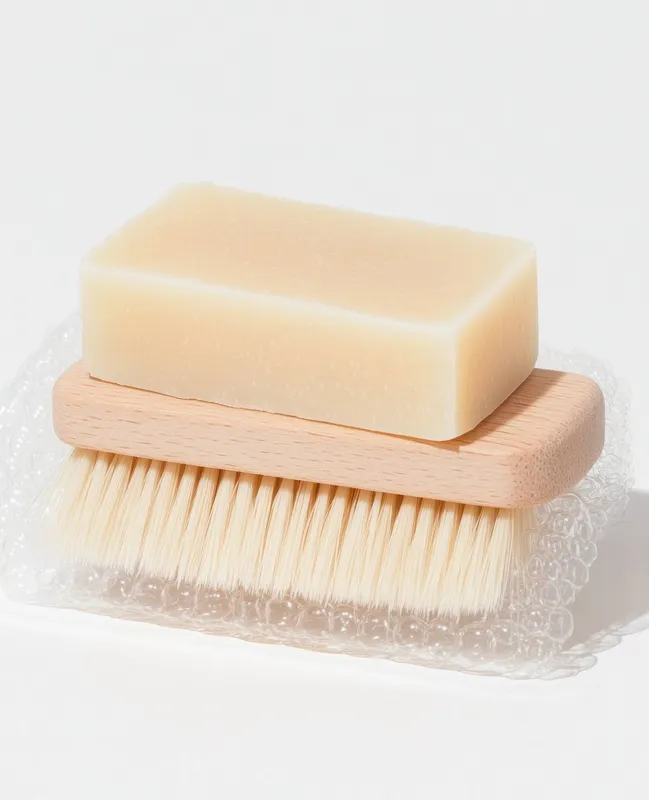 Минималистичная композиция натуральных средств по уходу за кожей, включающая нежный кусок мыла и деревянную щетку на светлом фоне
