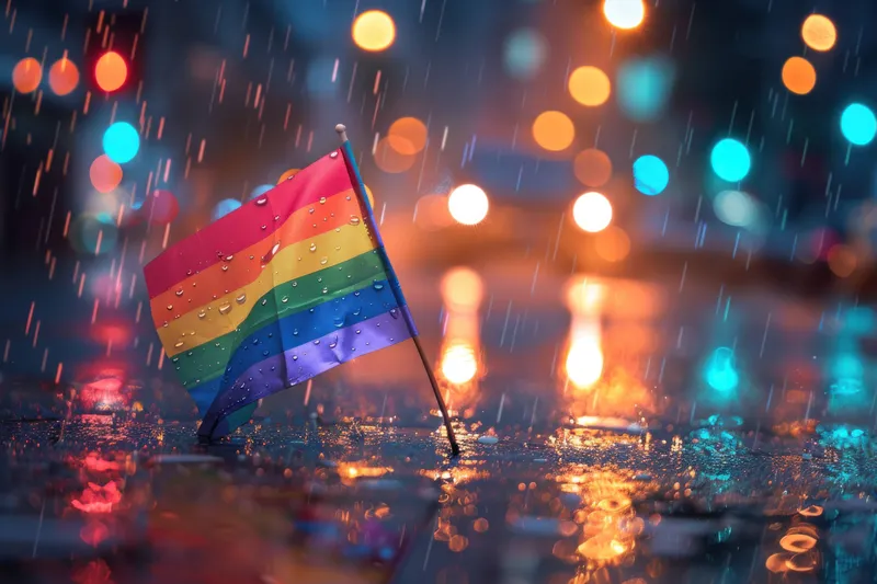 Яркий радужный флаг, prominently displayed in wet city environment, отражающий разноцветные огни