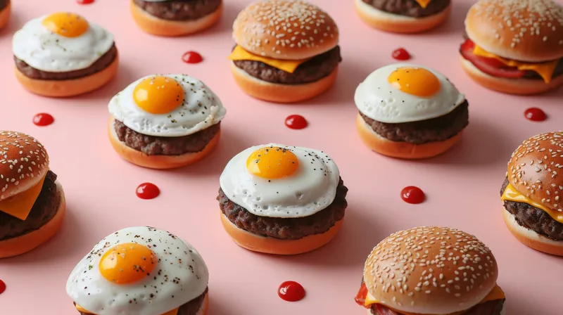 Вкусные мини-гамбургеры с жареным яйцом сверху, представленные на розовой поверхности вместе с различными топпингами