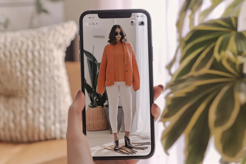 Крупный план руки, держащей iPhone, на экране которого изображена женщина в оранжевом свитере