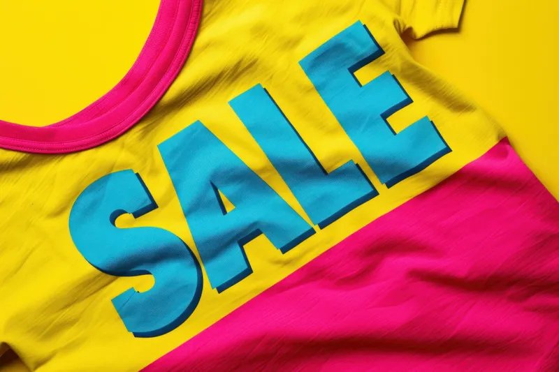 Красочная футболка с текстом «Sale» на желтом фоне в 3D-рендеринге для концепции моды и шопинга