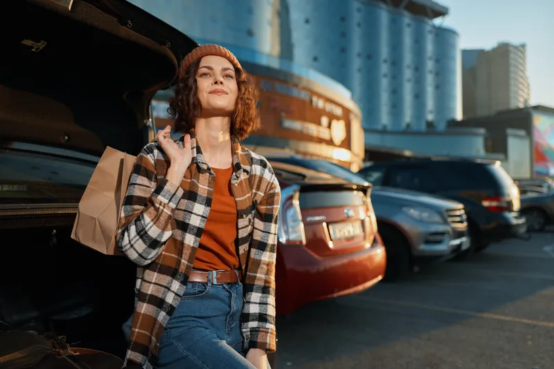 Woman shopping car parking trunk urban portrait sunset scene showing candid lifestyle and authenticity as a smiling millennial holds paper bags by an open trunk in golden hour glow.
