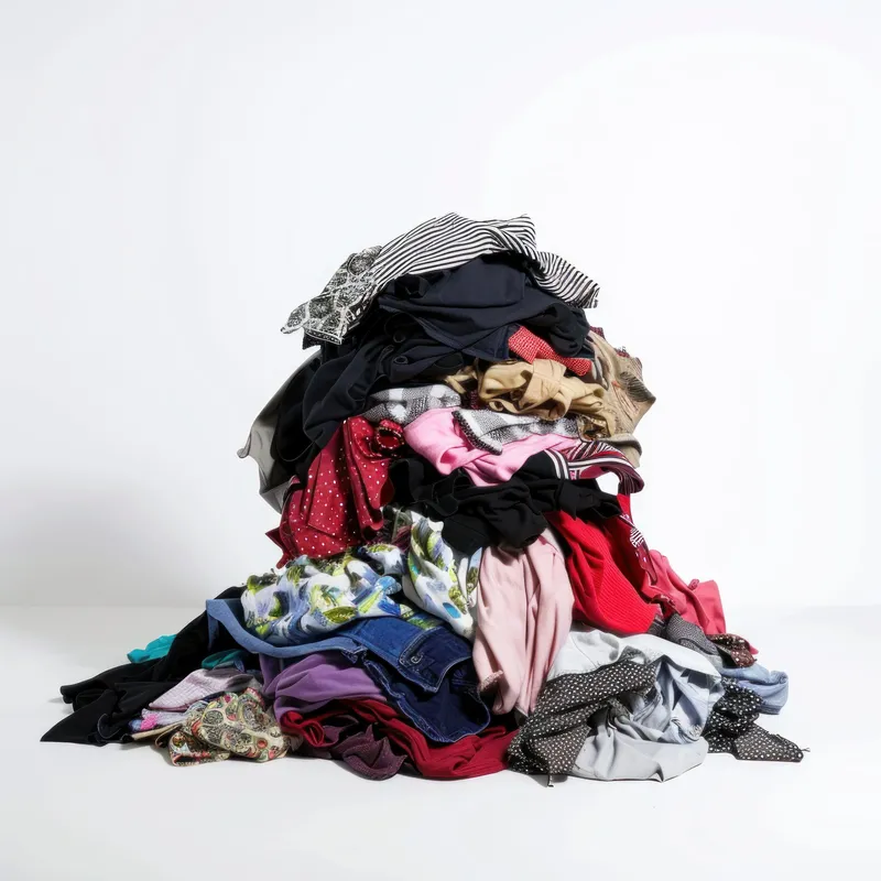 Груда разнообразных предметов одежды со словом "clothes" на них, изолированная на белом фоне для модной концепции