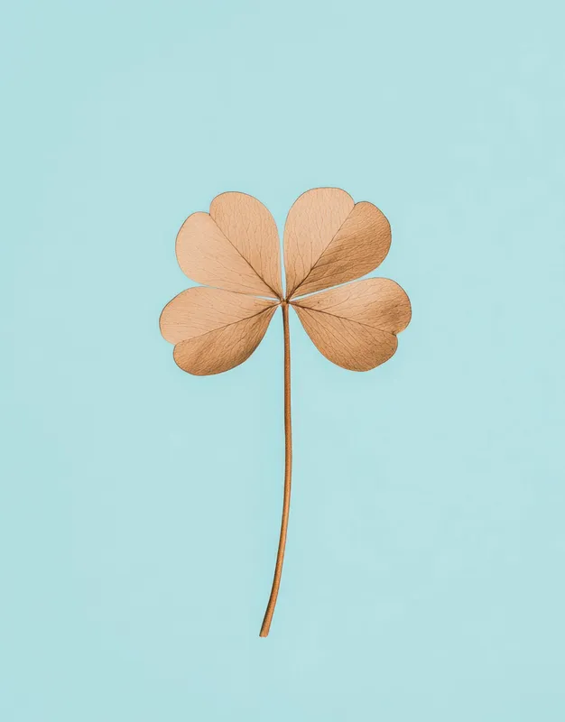 Этот элегантный четырехлистный клевер, выполненный в нежном золотистом оттенке, выделяется на успокаивающем пастельно-голубом фоне, воплощая темы удачи, надежды и процветания